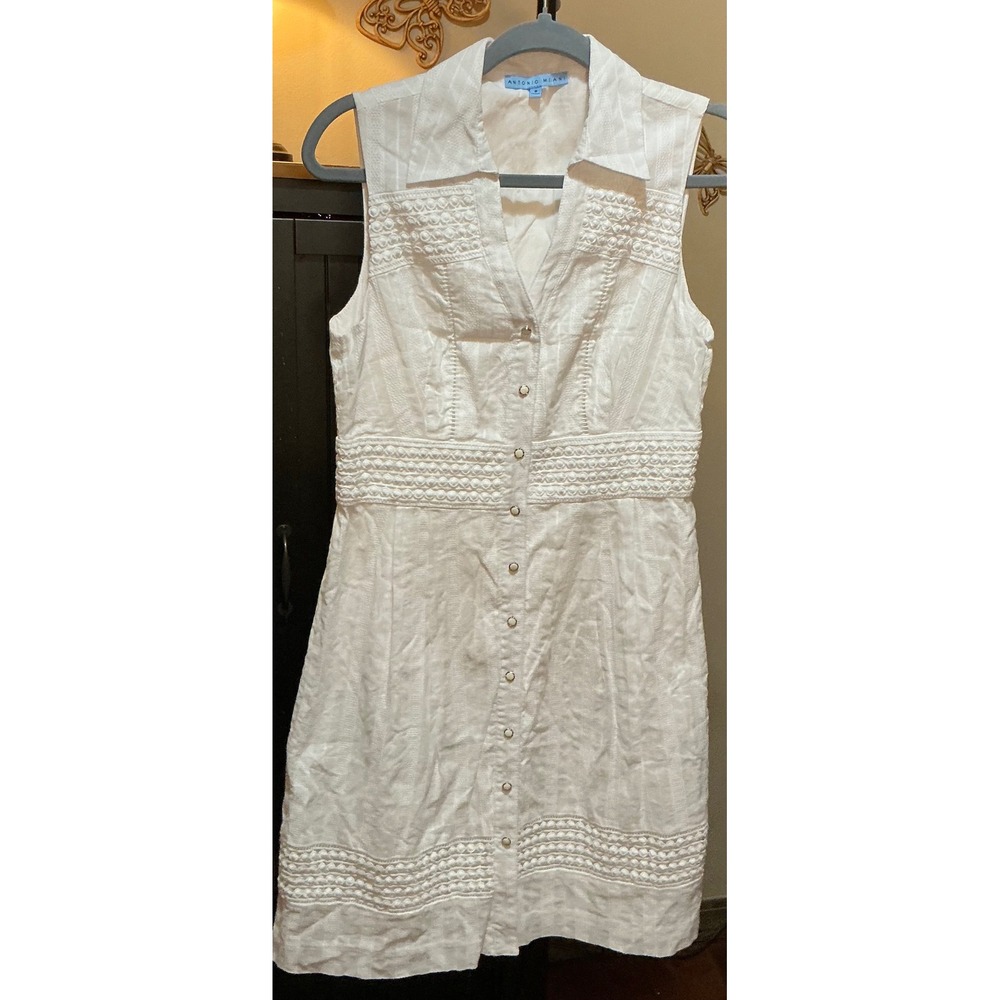 Antonio Melani White Cotton Sleeveless Eyelet Button Front Shirt Dress Womens 8